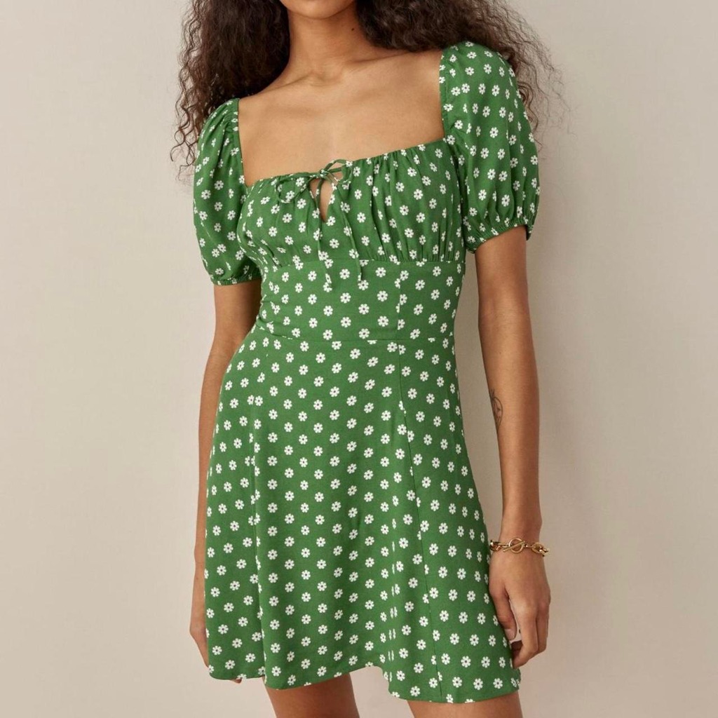 Reformation Green Daisy Square-Neck Mini Dress